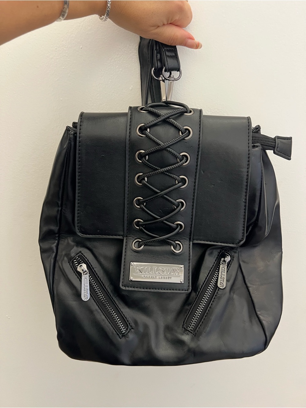 Killstar Black Lace-Up Faux Leather Mini Backpack